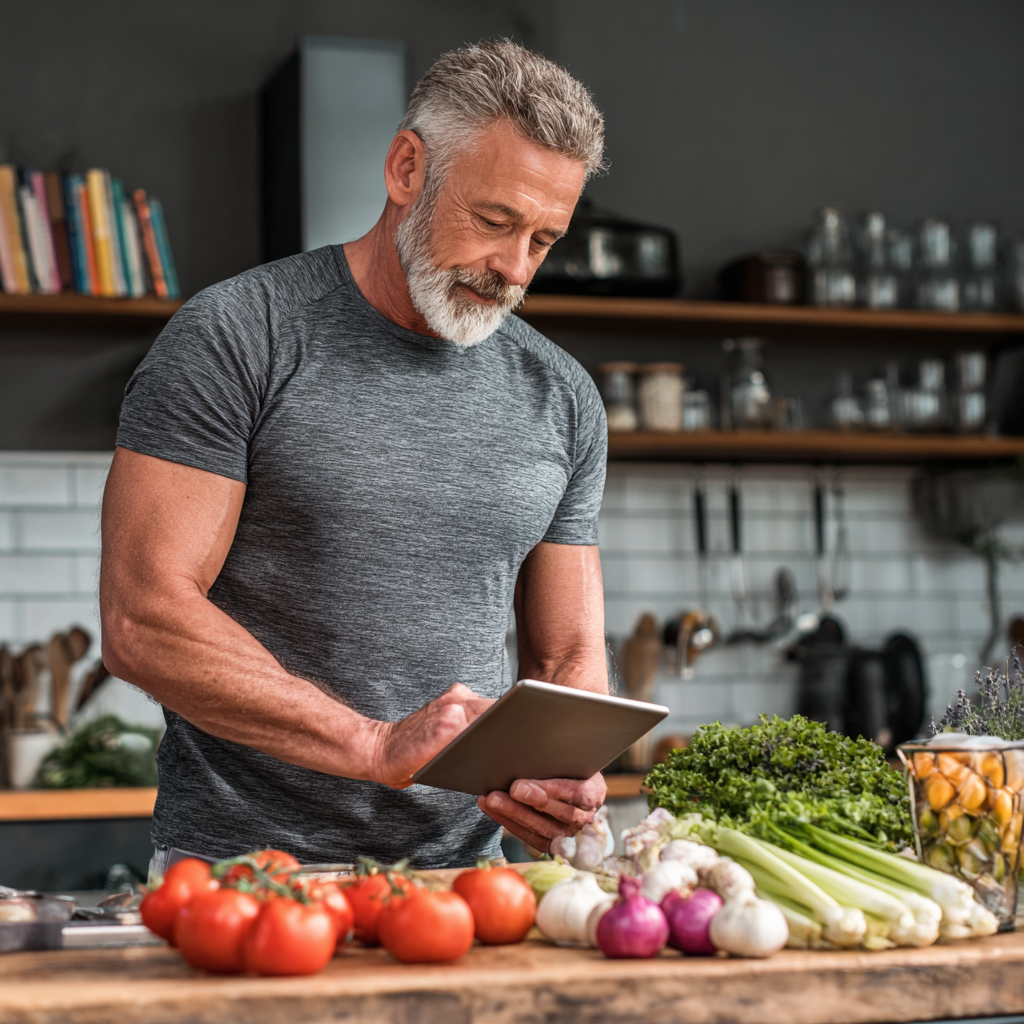 Чоловік 58 років у спортивному одязі готує здорову їжу на кухні з планшетом у руці