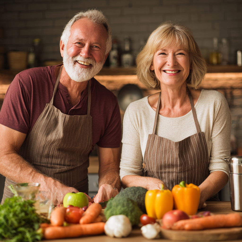 Подружжя 55-60 років разом готує здорову їжу, усміхаються та виглядають енергійними