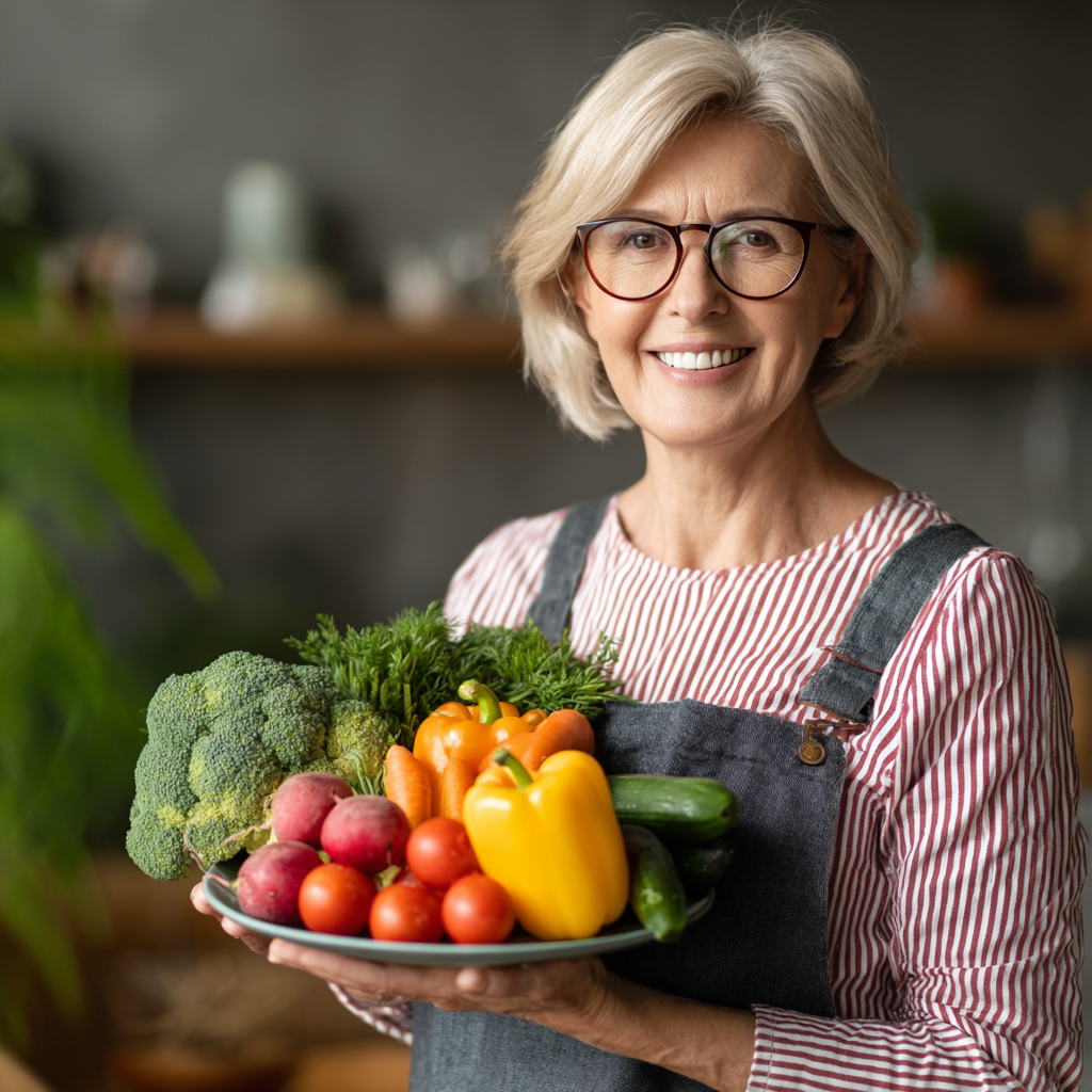 Усміхнена жінка 55 років тримає тарілку зі свіжими овочами та фруктами, демонструючи здоровий спосіб життя